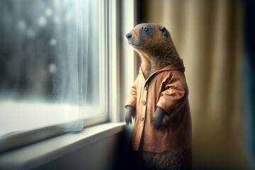 Cute groundhog in pajamas looks out the window behind the views of snow. Groundhog day. Generative AI