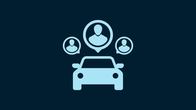 White Car sharing with group of people icon isolated on blue background. Carsharing sign. Transport renting service concept. 4K Video motion graphic animation