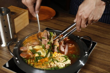 Korean army base stew ready for serving