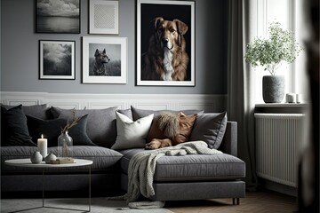 Gallery of trendy posters in elegant grey living room interior , ai generated