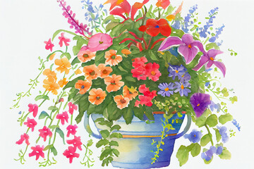 A flower pot filled with a mix of annuals and perennials, with trailing vines and bright blooms, ai illustration - obrazy, fototapety, plakaty