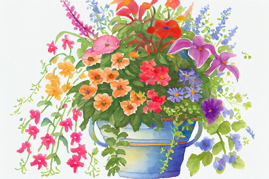 A flower pot filled with a mix of annuals and perennials, with trailing vines and bright blooms, ai illustration