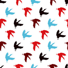 Abstract Red Blue Black Flying Birds Shape Vector Seamless Pattern