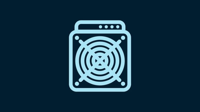 White ASIC Miner icon isolated on blue background. Cryptocurrency mining equipment and hardware. Application specific integrated circuit. 4K Video motion graphic animation