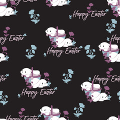 Happy Easter and White Rabbit Basket Vector Seamless Pattern