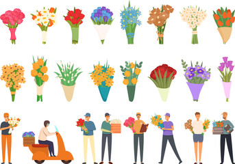Flower delivery icons set cartoon vector. Blossoming bouquet. Flower surprise