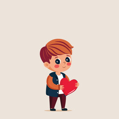 Character of Young Boy Holding Red Heart In Standing Pose.