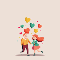 Cheerful Young Boy And Girl Character Holding Hands Together With Colorful Heart Balloons On Beige Background.