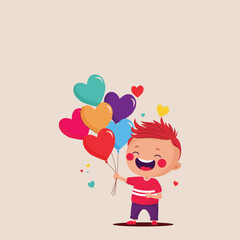Cheerful Boy Character Holding A Bunch Of Colorful Heart Balloons On Light Pink Background.