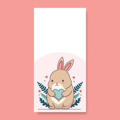 Cartoon Cute Rabbit Holding Heart With Leaves And Copy Space.