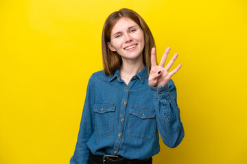 Young English woman isolated on yellow background happy and counting four with fingers