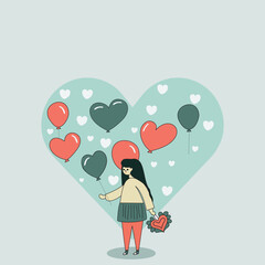 Cartoon Young Girl Standing With Balloons, Heart Shapes On Blue Background And Copy Space.