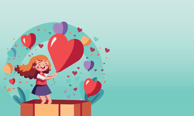 Cheerful Girl Holding Heart Balloon Coming Out of Surprise Box And Copy Space On Pastel Turquoise Background.