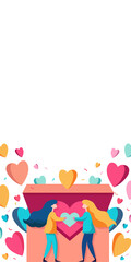 Vector Illustration Of Cartoon Young Girls Holding Heart And Colorful Hearts Coming Out From A Box. Love Concept.