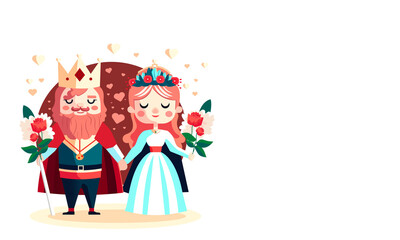 Obraz na płótnie Canvas Cartoon Illustration Of King And Queen Holding Hands Together With Bouquet, Hearts.