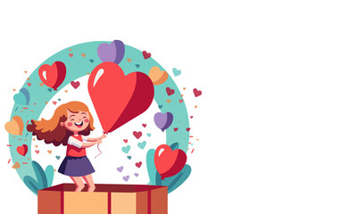 Cheerful Girl Holding Heart Balloon Coming Out of Surprise Box.