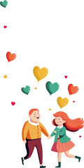 Cheerful Young Boy And Girl Holding Hands Together With Colorful Heart Balloons And Copy Space.