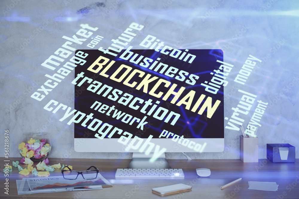 Poster Double exposure of blockchain and crypto economy theme hologram and table with computer background. Concept of bitcoin cryptocurrency.
