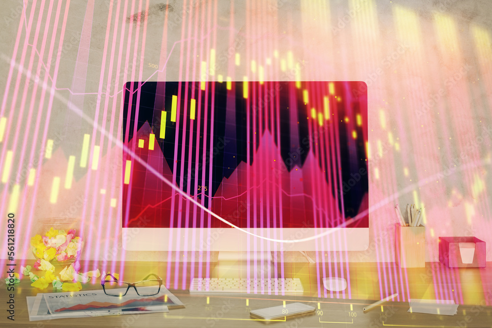 Aufkleber Forex graph hologram on table with computer background. Double exposure. Concept of financial markets.