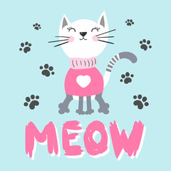 Cute cat with lettering meow sweet white kitten in pink, paws