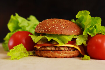 Cheeseburger with chicken cutlet close-up