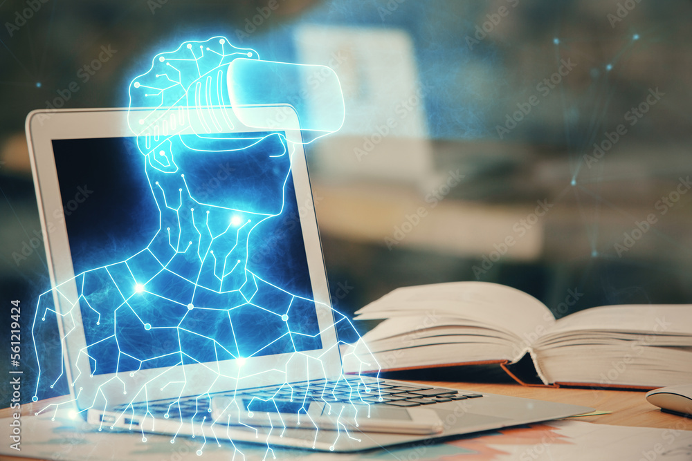 Aufkleber computer on desktop with ar theme icon. multi exposure. concept of augmented reality.