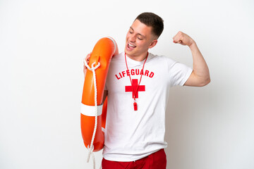 Young brazilian man isolated on white background with lifeguard equipment and celebrating a victory