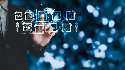 hand touch hologram to save energy,and reduce world warming,climate change,ecology friendly investment,ESG environment social governance,Green Business Innovation and Sustainable Development concept.