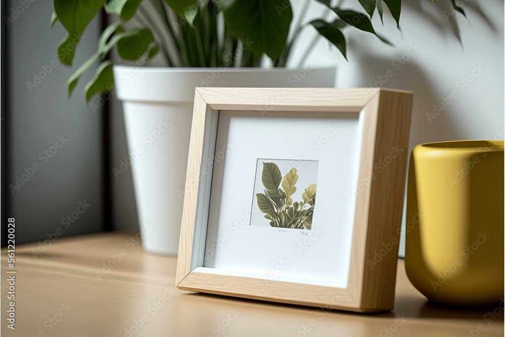Poster frame mockup of a wooden in a white basic setting. frame mockup. generative ai