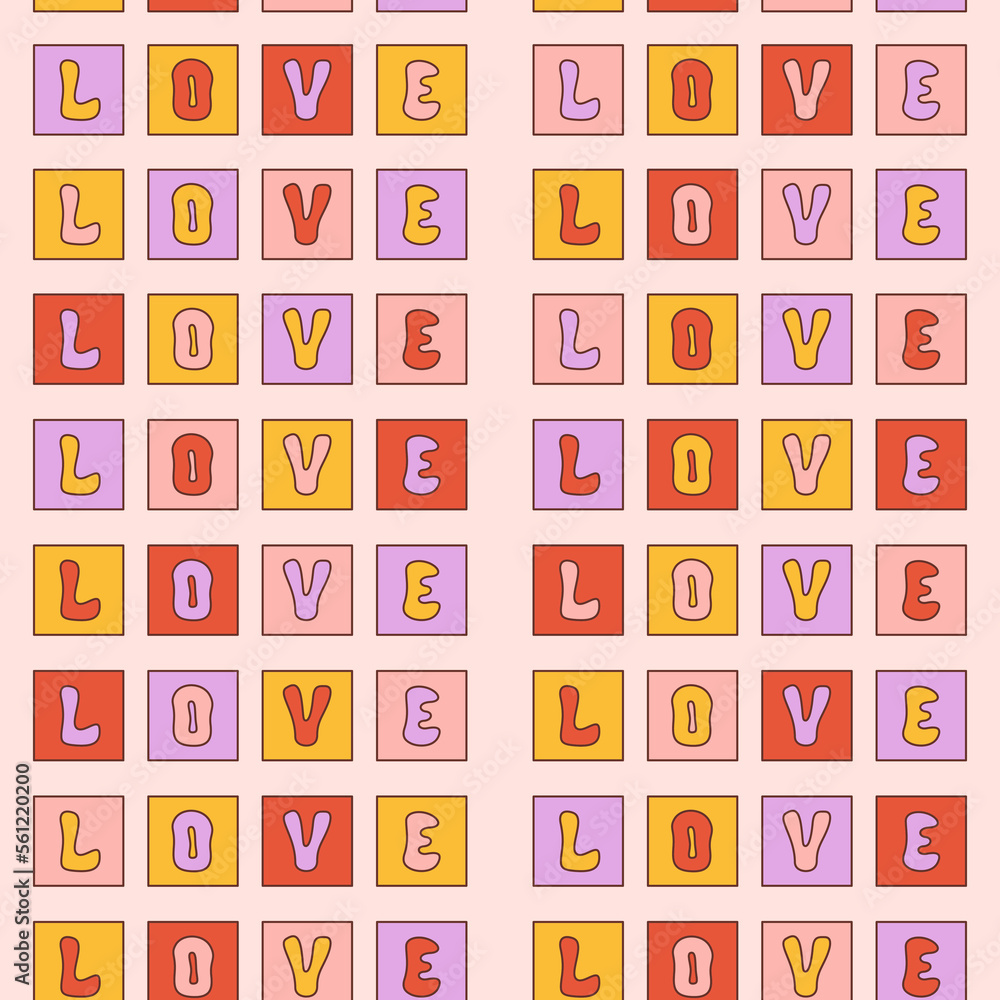Poster romantic groovy seamless pattern with horizontal text love in squares on a light background. retro t