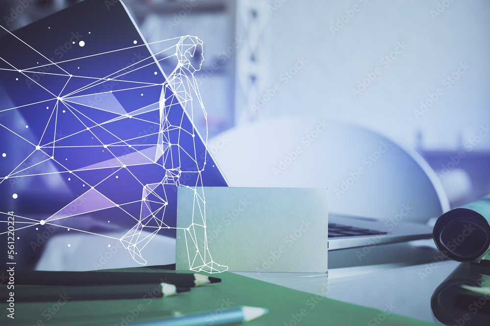 Poster desktop computer background in office and start up theme hologram drawing. double exposure. startup 