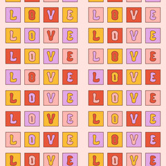 Romantic groovy seamless pattern with horizontal text  Love in squares on a light background. Retro trendy vintage print in style 70s, 80s. Vector colorful illustration