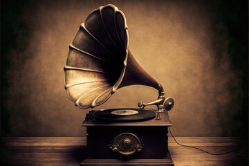 old gramophone on the table, ai generated - obrazy, fototapety, plakaty