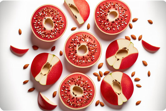 Fresh Red Apple Slices With Seeds, Top View, Isolated On White. Generative AI