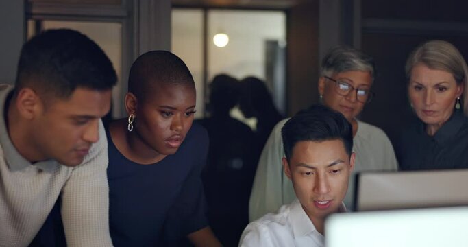 Night, computer and business people training, teamwork and asian advice for digital review, report and analysis. Global marketing group, employees or agency on desktop monitor with manager talking