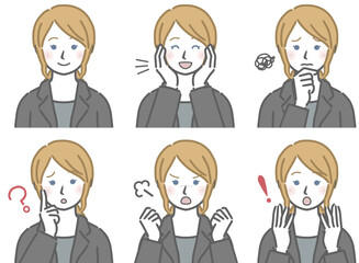 スーツを着た若い白人女性の色々な表情