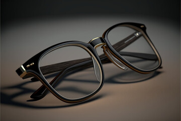 Eyeglasses on dark background, folded reading glasses, black with gold trim, isolated, generative ai