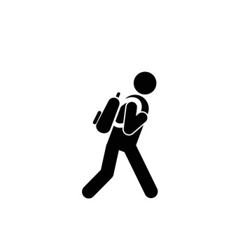 Character man walking with backpack icon vector.Student or tourist going hiking with backpack side view symbol.