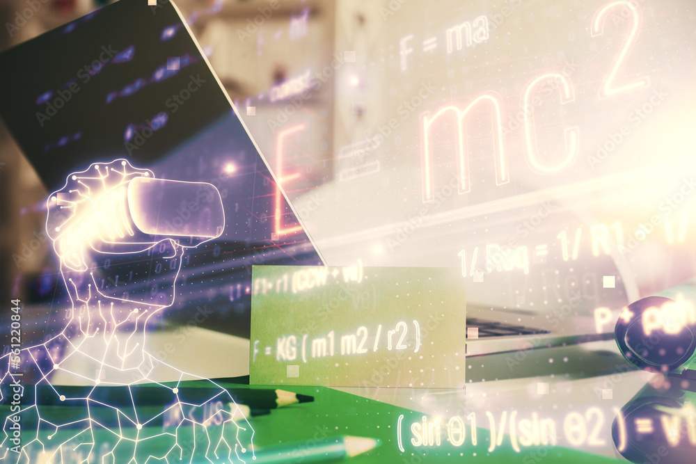 Poster desktop computer background and formula hologram writing. double exposure. education concept.