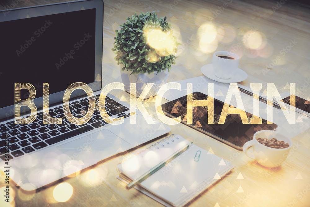 Poster Double exposure of blockchain and crypto economy theme hologram and table with computer background. Concept of bitcoin cryptocurrency.