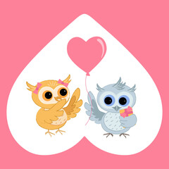 An owl gives a balloon and a gift to his girlfriend on Valentine's Day. Vector illustration for book cover or greeting card.