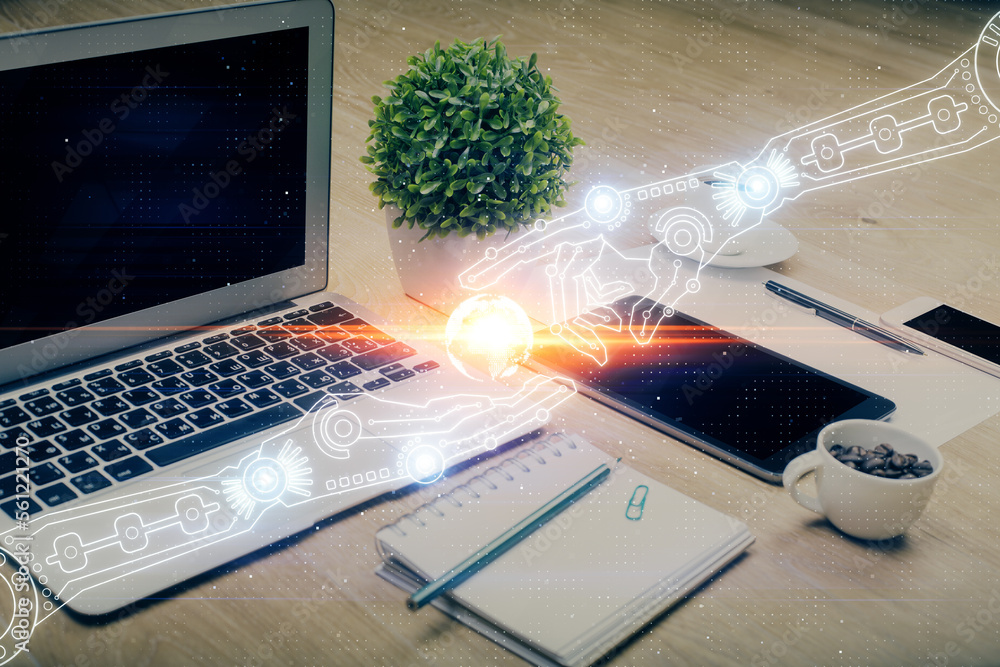 Aufkleber Double exposure of table with computer on background and data theme drawing. Concept of innovation.