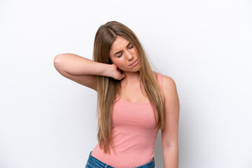 Fototapeta premium Young caucasian woman isolated on white bakcground with neckache