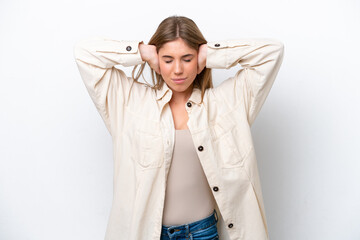 Young caucasian woman isolated on white bakcground frustrated and covering ears