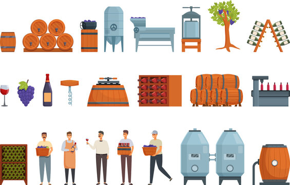 Wine production icons set cartoon vector. Winery agriculture. Process industry