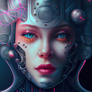 Cyborg head mixing human and machine as Artificial Intelligence concept (Generative AI)