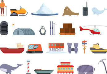 Arctic exploration icons set cartoon vector. Ice pole. Polar flag - obrazy, fototapety, plakaty