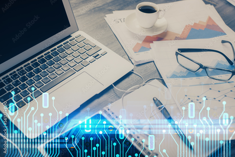 Poster Double exposure of table with computer on background and data theme drawing. Concept of innovation.