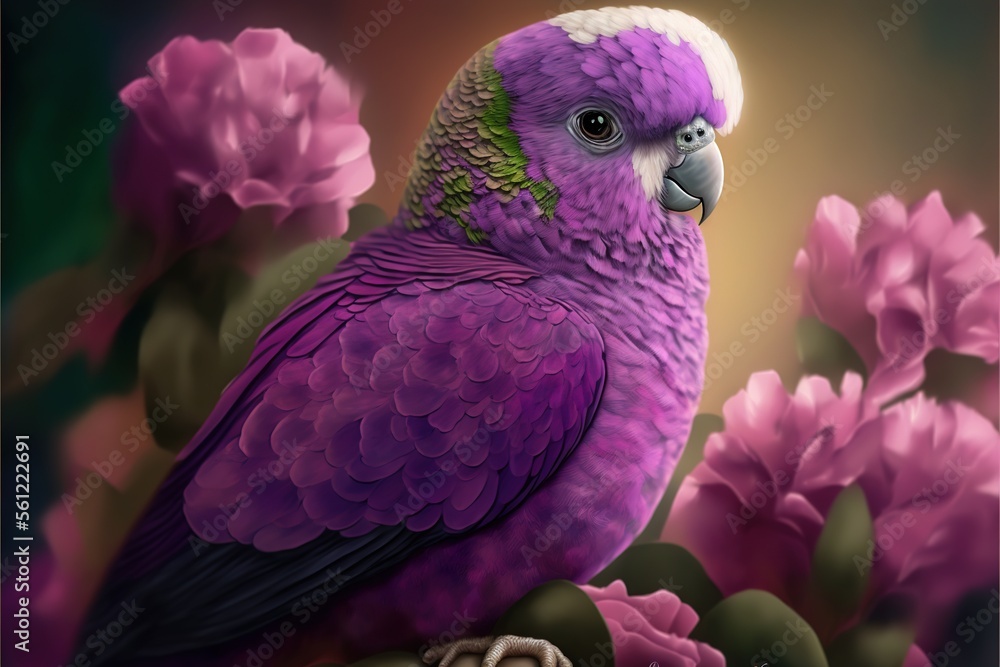 Poster a colorful bird sitting on a branch of a tree with pink flowers in the background and a blurry backg