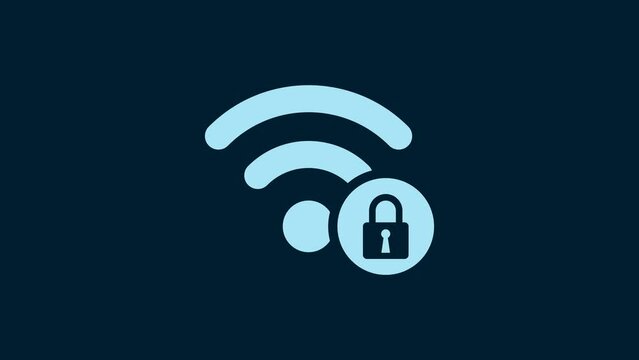 White Wifi locked sign icon isolated on blue background. Password Wi-fi symbol. Wireless Network icon. Wifi zone. 4K Video motion graphic animation